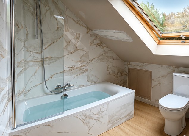 Salle de bain sous pente en faïence effet marbre, baignoire avec pare-bain et fenêtre de toit